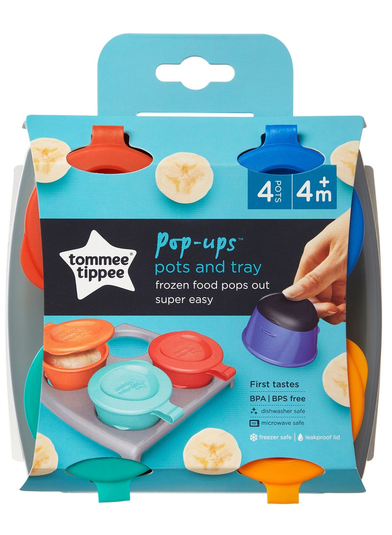 Pack Of 4 Pop Up Freezer Weaning Pots With Tray, Baby Food Containers With Soft Push Up Bases, 4 Months+, 60ml Multicolour (  Packaging May Vary )