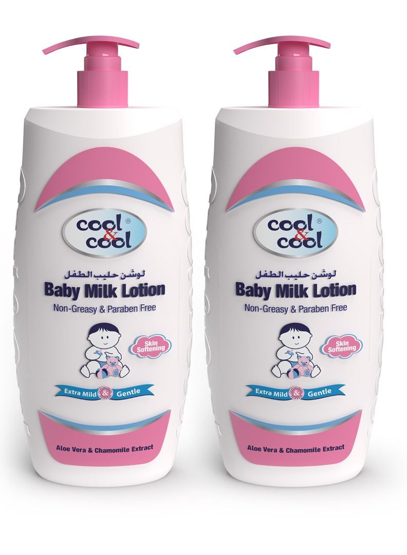 Cool & Cool Baby Milk Lotion - 1 Liter (Pack of 2) - Skin Softening,Non - Greasy,Paraben-Free,Vitamin-E Aloe Vera & Chamomile Extract With Extra Mild Formula 2 Liters