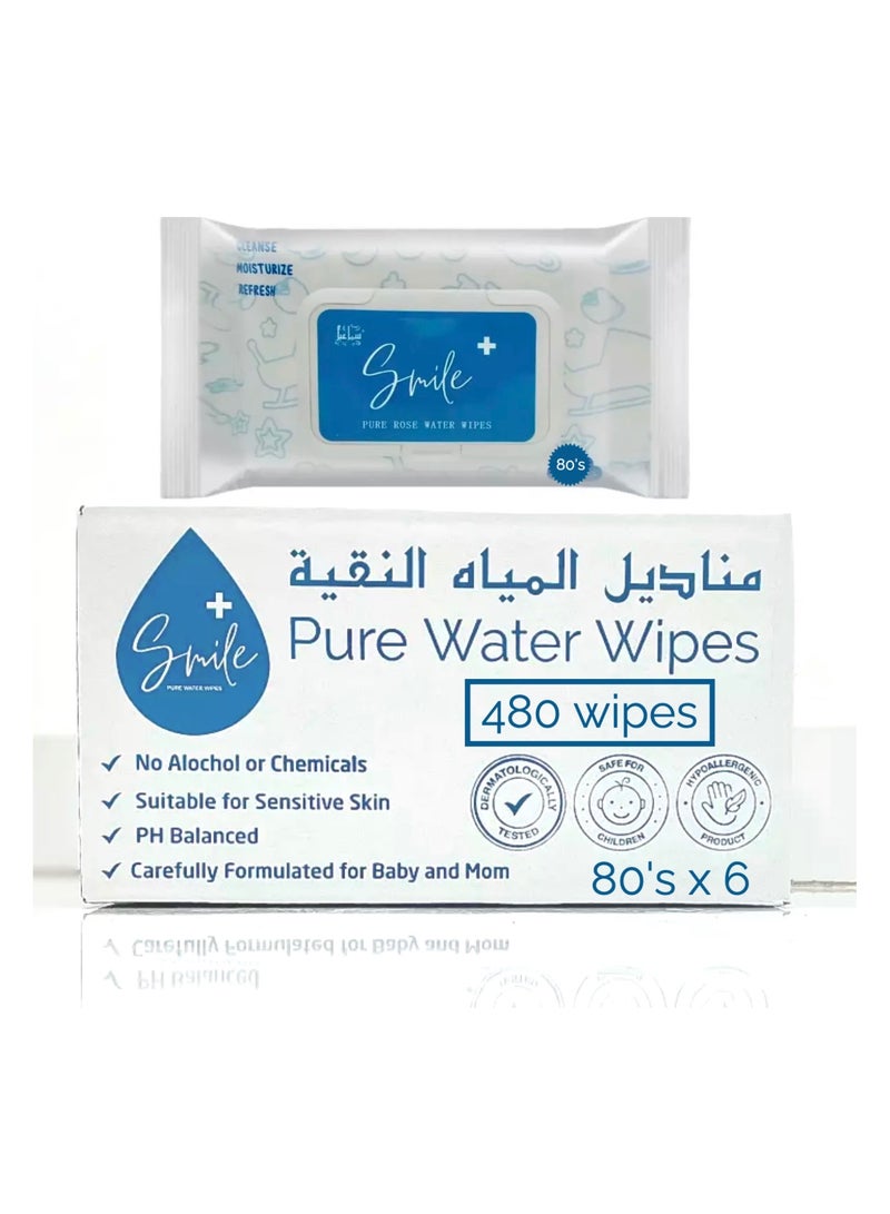 Pure Water Wipes 80 - Piece, Pack Of 6, 480 Wipes