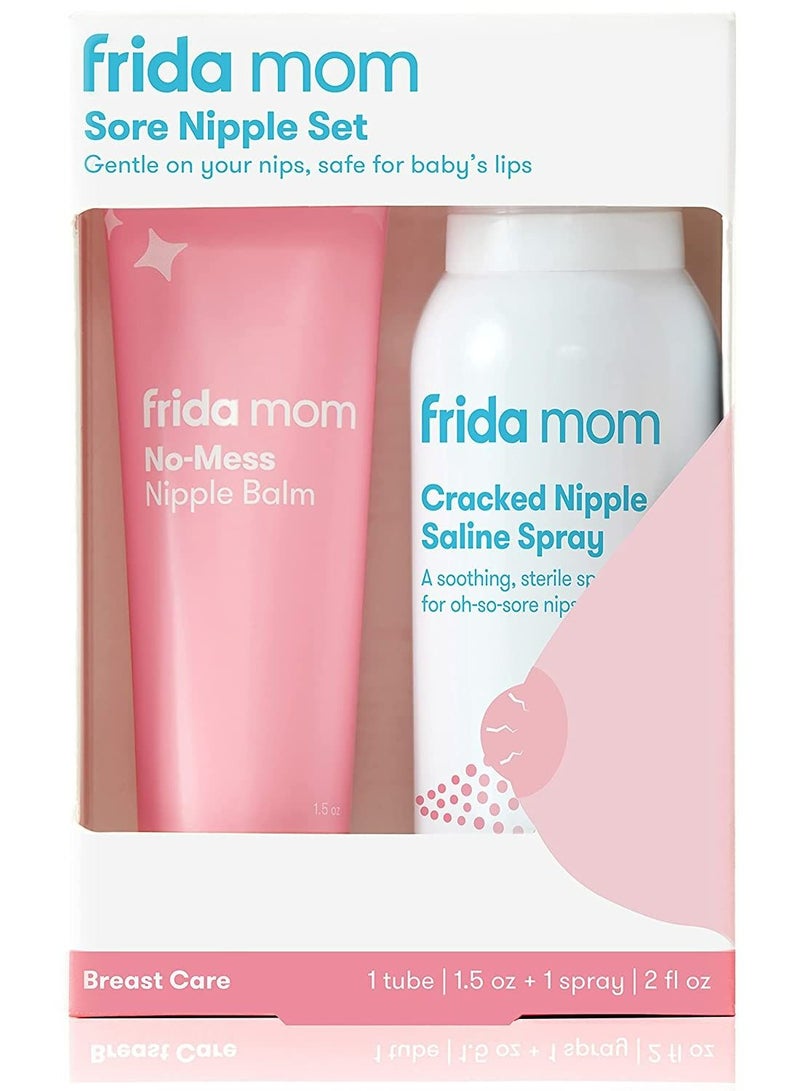 Frida Mom Sore Nipple Set Cracked Nipple Saline Spray, No-Mess Nipple Cream 2 Piece Set