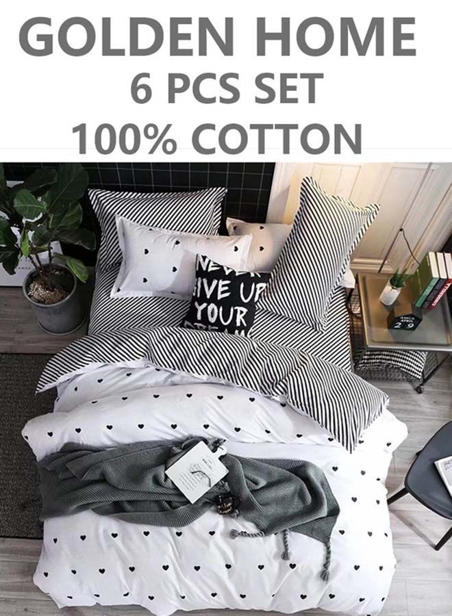 6-Piece Single Size Cotton Printed Combination Duvet Cover Set Includes 1xFitted Bedsheet 120x200+30cm, 1xDuvet/Bed Cover 160x210 cm, 2xPillowcase 55x80cm, 2xCushion Case 45x70cm Multicolour