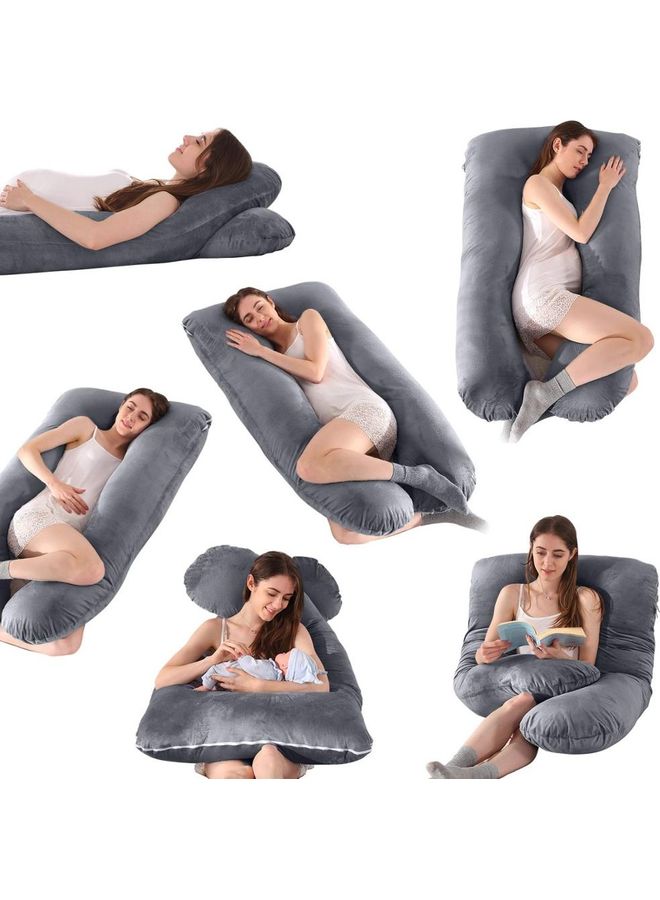 U Shaped Body Pillow With Soft Removable Cover Velvet Grey 130x70cm