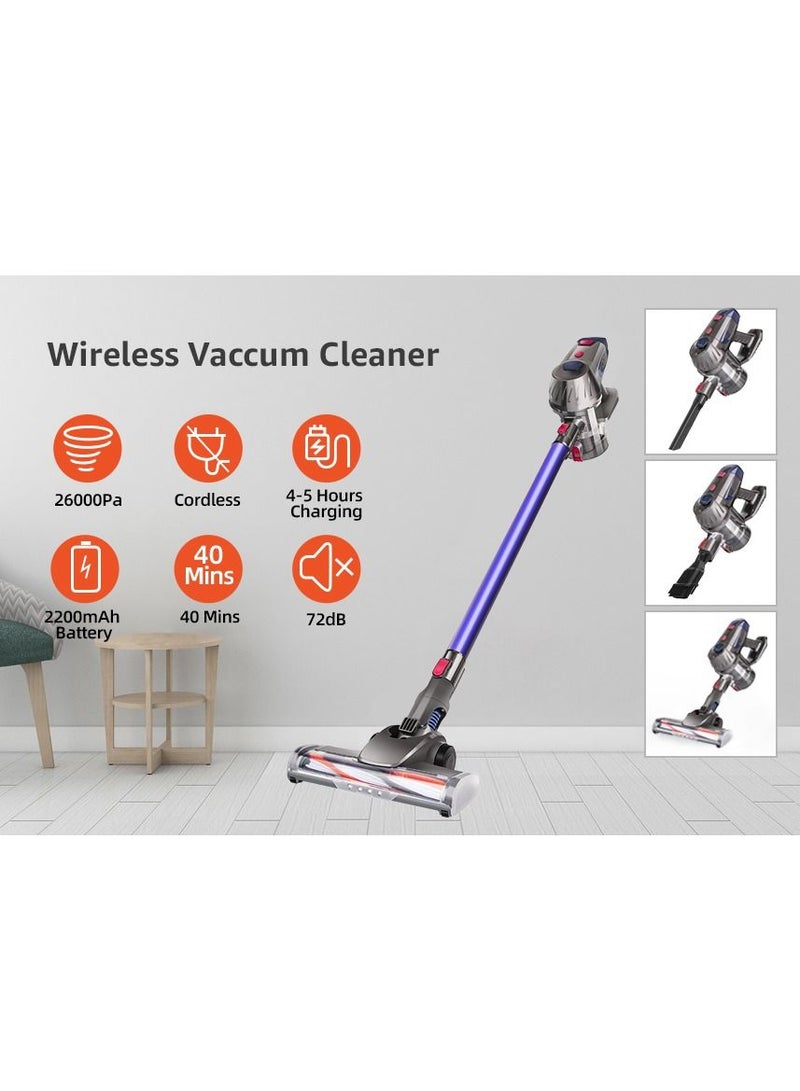 Cordless Vacuum Cleaner 4 in 1, Vacuum Cleaner Wireless for Home, Household Vacuum Cleaner w/ Battery, Stick Vacuum Cleaner Cordless with LED Lights for Dry Floor, Tile, Carpet - Blue