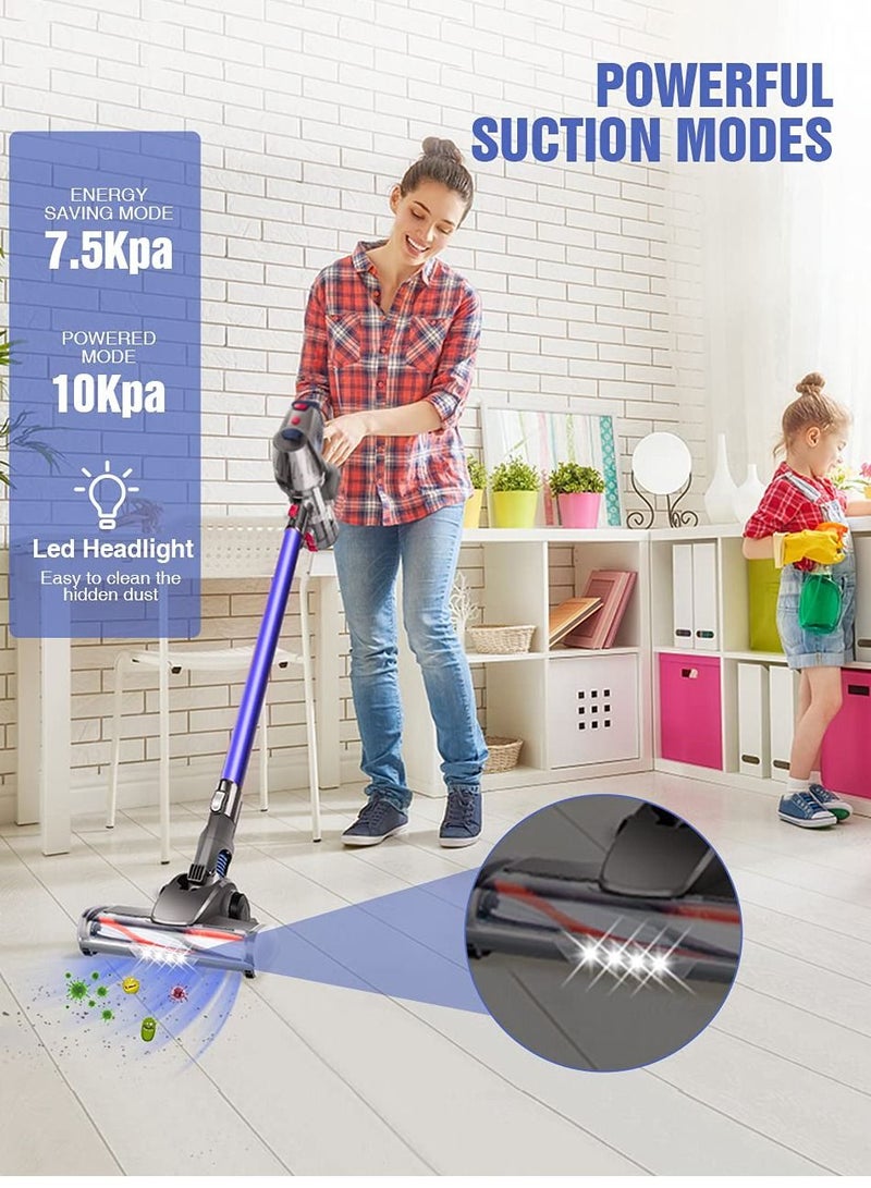 Cordless Vacuum Cleaner 4 in 1, Vacuum Cleaner Wireless for Home, Household Vacuum Cleaner w/ Battery, Stick Vacuum Cleaner Cordless with LED Lights for Dry Floor, Tile, Carpet - Blue