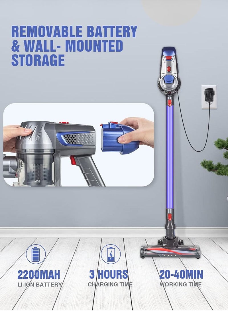 Cordless Vacuum Cleaner 4 in 1, Vacuum Cleaner Wireless for Home, Household Vacuum Cleaner w/ Battery, Stick Vacuum Cleaner Cordless with LED Lights for Dry Floor, Tile, Carpet - Blue