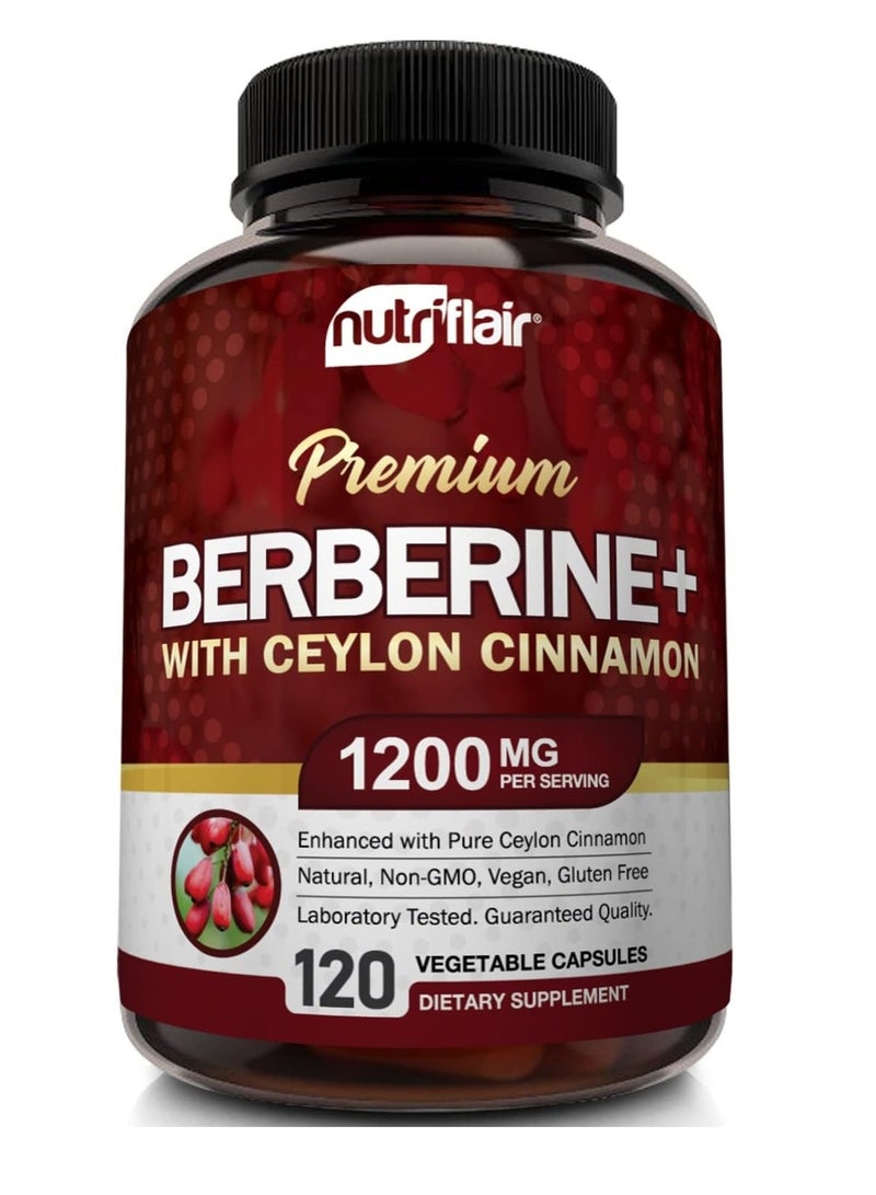 NutriFlair Premium Berberine HCL 1200mg, 120 Capsules - Plus Pure True Ceylon Cinnamon - Berberine HCI Root Supplement Pills