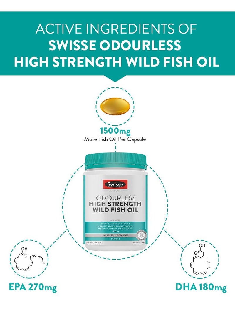 Ultiboost Odourless High Strenght Wild Fish Oil Natural Source of OMEGA-3 Supports Heart, Brain And Eye Health, And Maintains Nervous System Health 1500 mg - 200 Soft Capsules