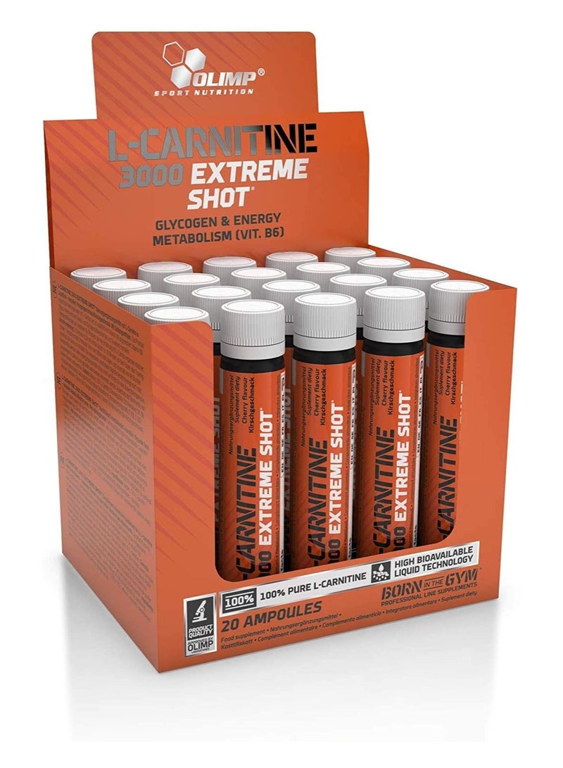 Olimp L-Carnitine 3000 Extreme Shots,Orange Flavor, Pack of 20 Ampoules
