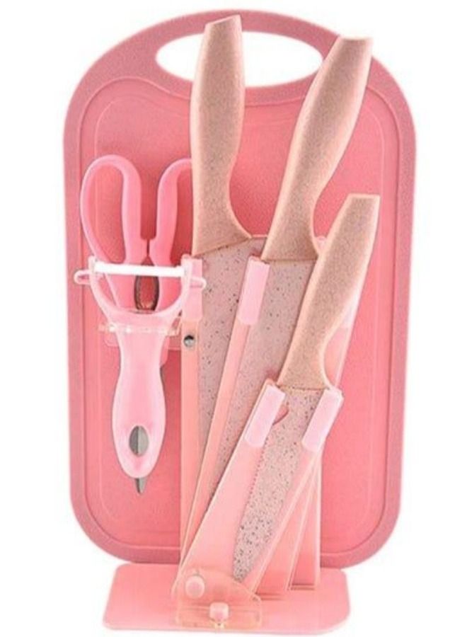7-Piece Wheat Straw Knives Set, Household Stainless Steel Fruit Kitchen Knives With Cutting Board(pink)