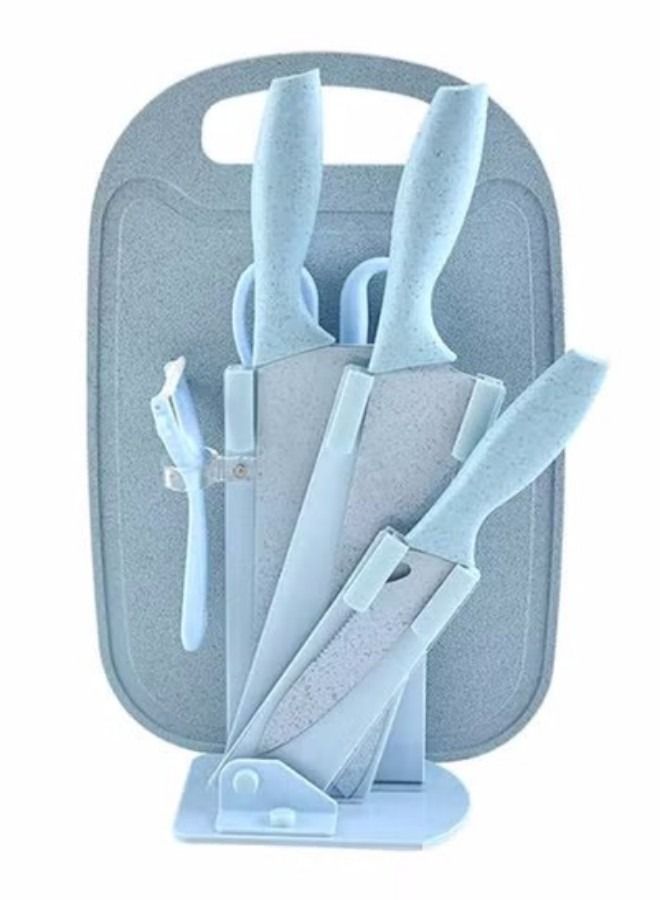 7-Piece Wheat Straw Knives Set, Household Stainless Steel Fruit Kitchen Knives With Cutting Board(blue)