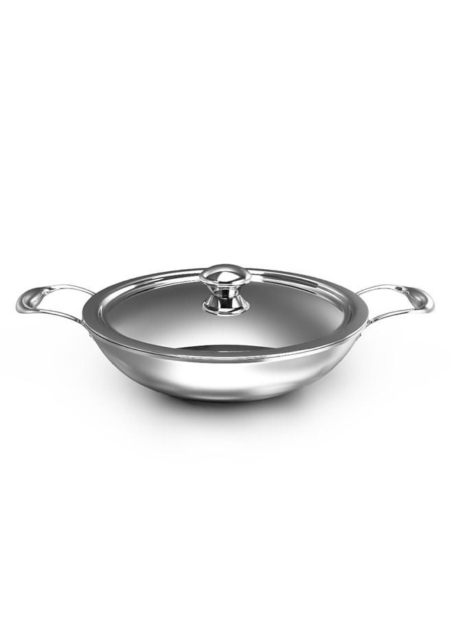 Stainless Steel Tri Ply Kadai Pan 32cm with Lid – Premium 5L Stainless Steel & Aluminium Cooking Pot for Induction, Gas, and Ceramic Cooktops – Durable, Oven Safe with Flared Rim & Riveted Handle