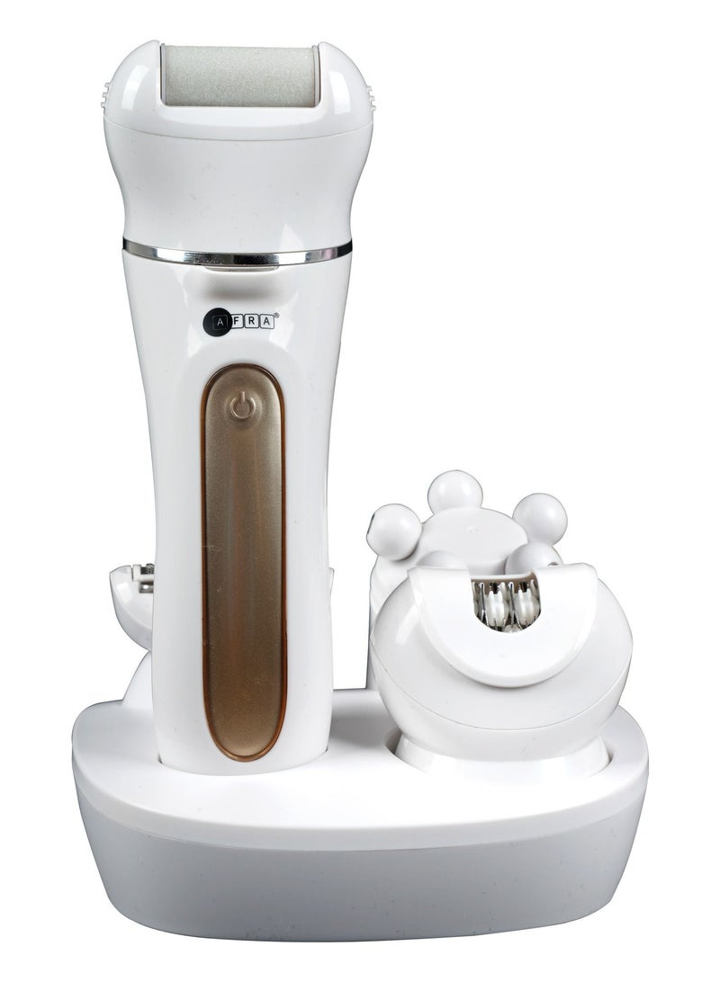 AFRA Ladies’ Epillator Kit, Lithium-Ion Battery, Rechargeable, 90 Minutes Running Time, Swappable Heads, Ergonomic, Charging Base. AF-600LSWT, 2-year warranty.