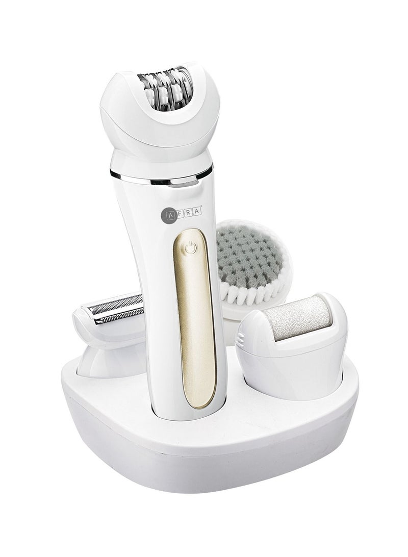 AFRA Ladies’ Epillator Kit, Lithium-Ion Battery, Rechargeable, 90 Minutes Running Time, Swappable Heads, Ergonomic, Charging Base. AF-600LSWT, 2-year warranty.