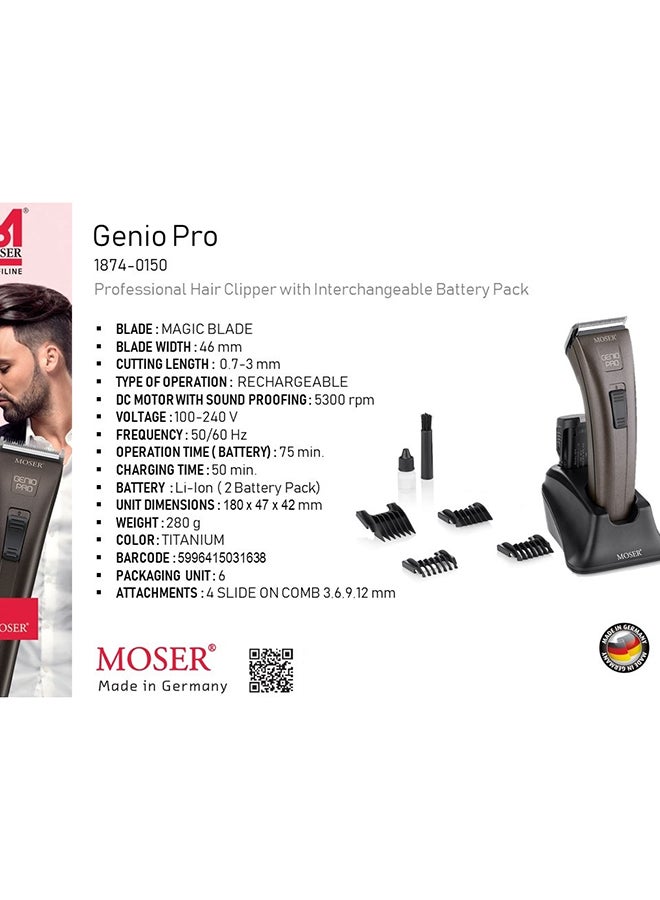 Genio Pro Professional Hair Clipper With Interchangeable Battery Brown 280grams