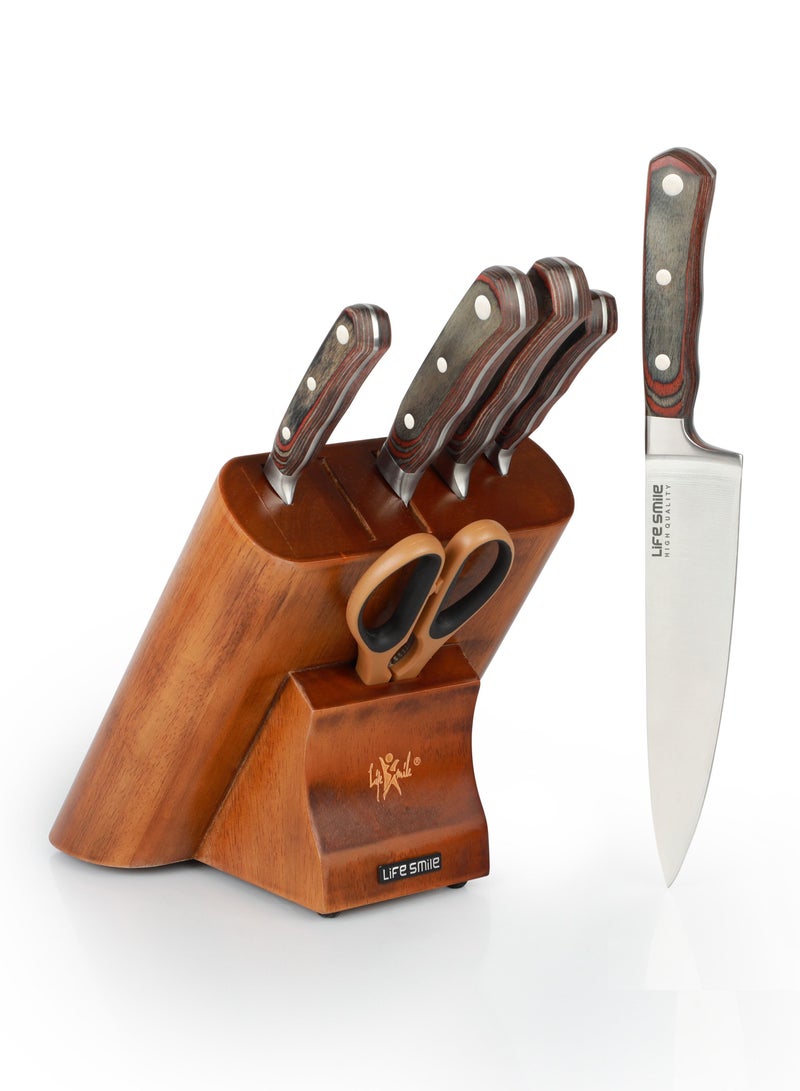 Kitchen Knife Set -Professional 7 PCS Knife Set With Wood block High Carbon Stainless Steel Durable handle Include Scissors - Ultra Sharp - Brown