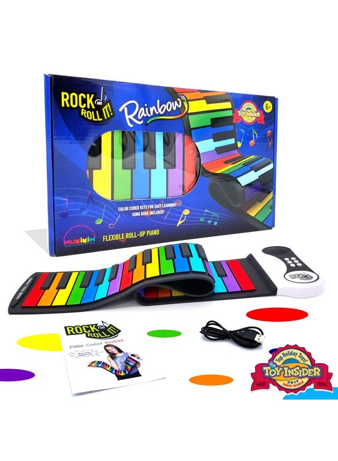 Rock And Roll It The Original Rainbow Piano. Roll Up Flexible Piano Keyboard For Kids / Beginners. Portable 49 Keys Silicone Piano Pad. Playbycolor Songbook Included!