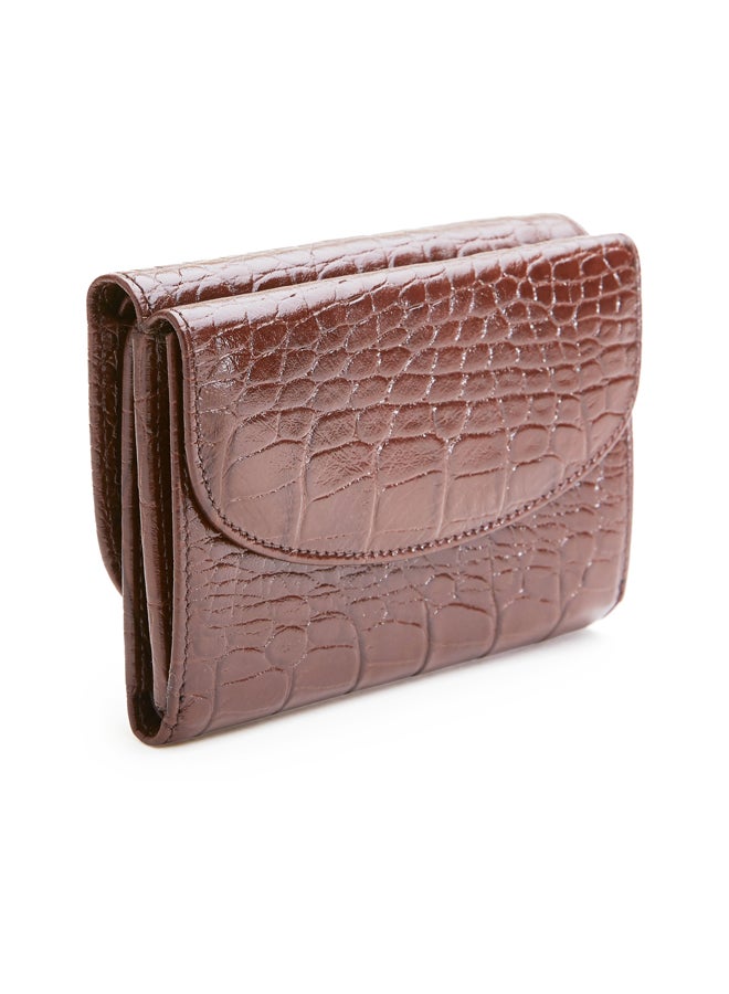 Croc Embossed Leather Tri-fold Wallet Brown