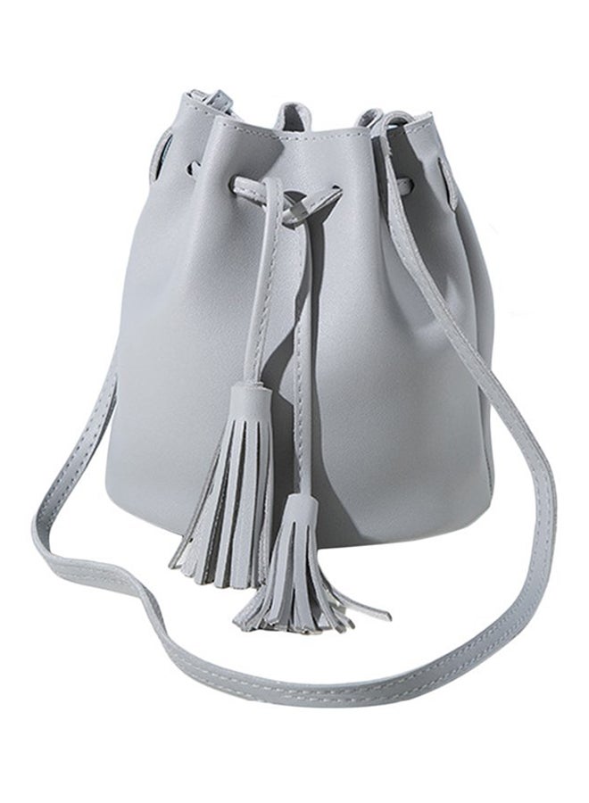 Leather Tassel Drawstring Bucket Crossbody Bag Grey