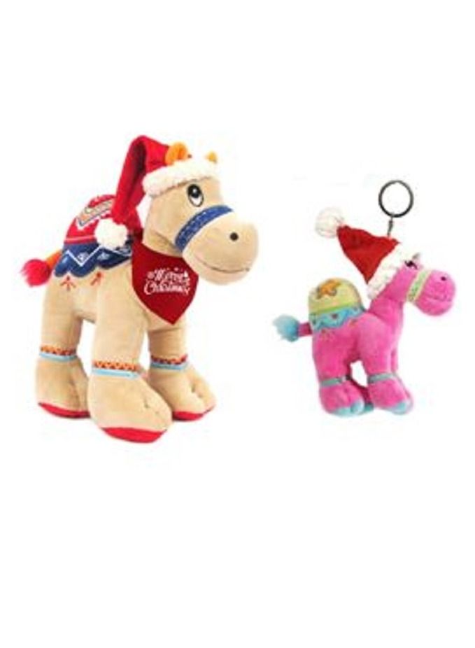 Bundle item - Beige camel with Santa hat with print on red bandana, size 18cm, Dark Pink key ring with Santa Hat 12cm