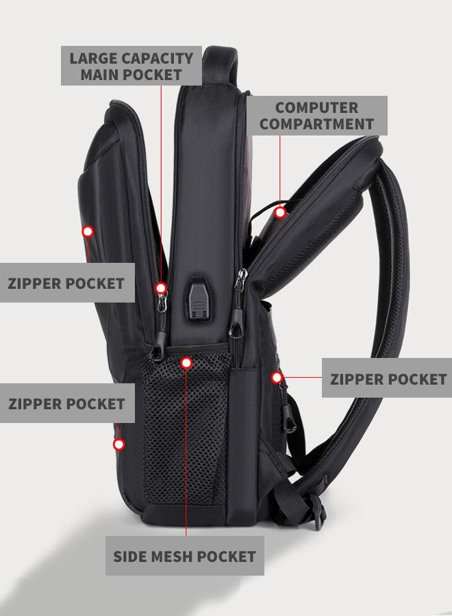 Waterproof Backpack School Bag with USB Port for Men Work Travel Flight Business Black