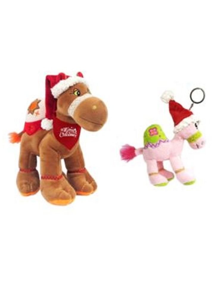 Bundle item - Brown camel with Santa hat with print on red bandana, size 18cm, Pink key ring with Santa Hat 12cm