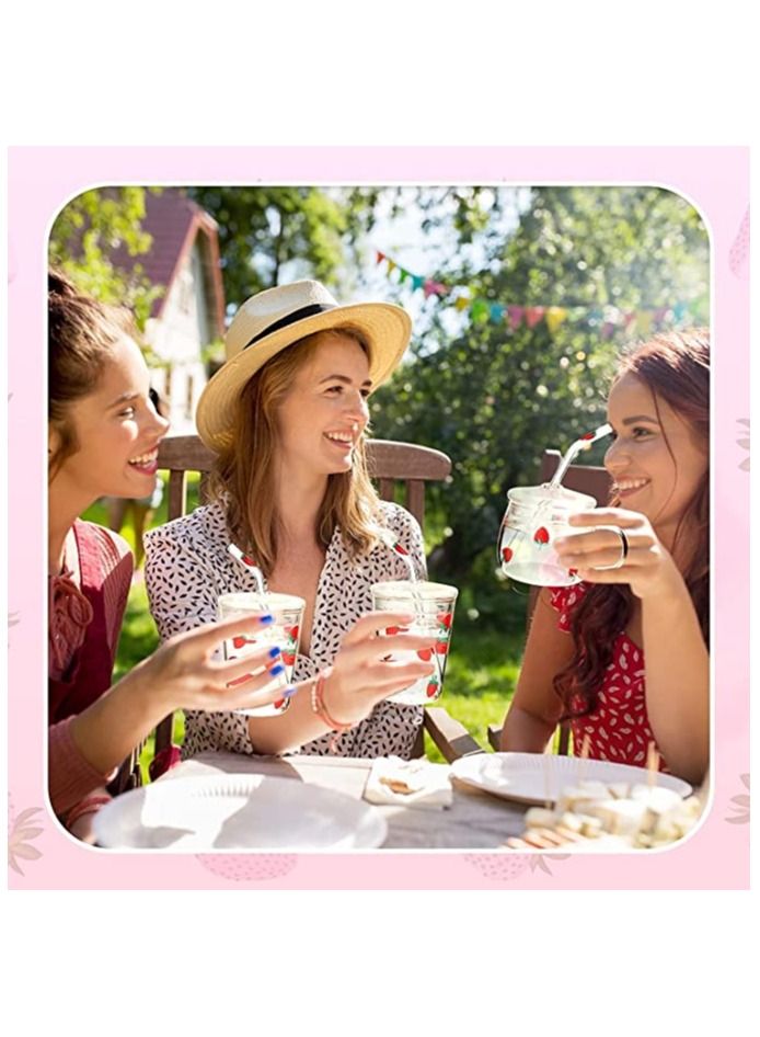 Glass Water Cup, Milk Cup with Straw and Lids, Reusable Double-Wall Coffee Cup, Heat Resisting Cute Clear Milkshake Cup, for Juice Milk Hot Cold Water, Tea, Matcha, 300ml Travel Cup (strawberry S)