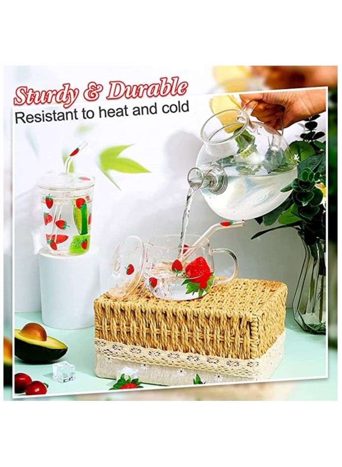 Glass Water Cup, Milk Cup with Straw and Lids, Reusable Double-Wall Coffee Cup, Heat Resisting Cute Clear Milkshake Cup, for Juice Milk Hot Cold Water, Tea, Matcha, 300ml Travel Cup (strawberry S)