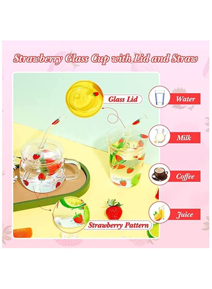 Glass Water Cup, Milk Cup with Straw and Lids, Reusable Double-Wall Coffee Cup, Heat Resisting Cute Clear Milkshake Cup, for Juice Milk Hot Cold Water, Tea, Matcha, 300ml Travel Cup (strawberry S)