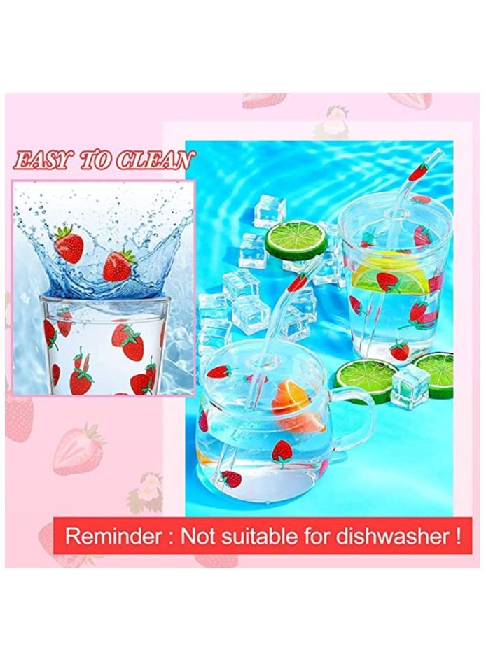 Glass Water Cup, Milk Cup with Straw and Lids, Reusable Double-Wall Coffee Cup, Heat Resisting Cute Clear Milkshake Cup, for Juice Milk Hot Cold Water, Tea, Matcha, 300ml Travel Cup (strawberry S)