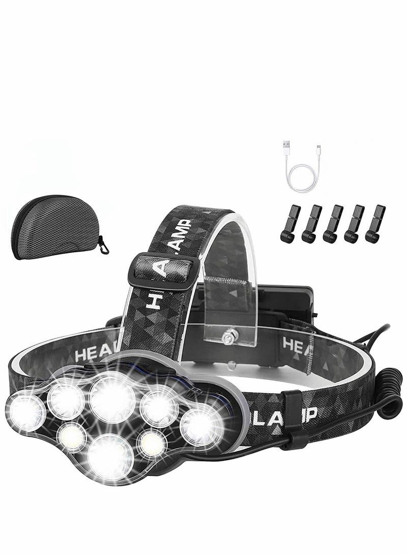 Head Torch, Super Bright Headlight, 18000 Lumens 8 LED 8 Modes Headlamp, Rechargeable Waterproof with Red Flash Light Head Torch, for Camping, Fishing, Running