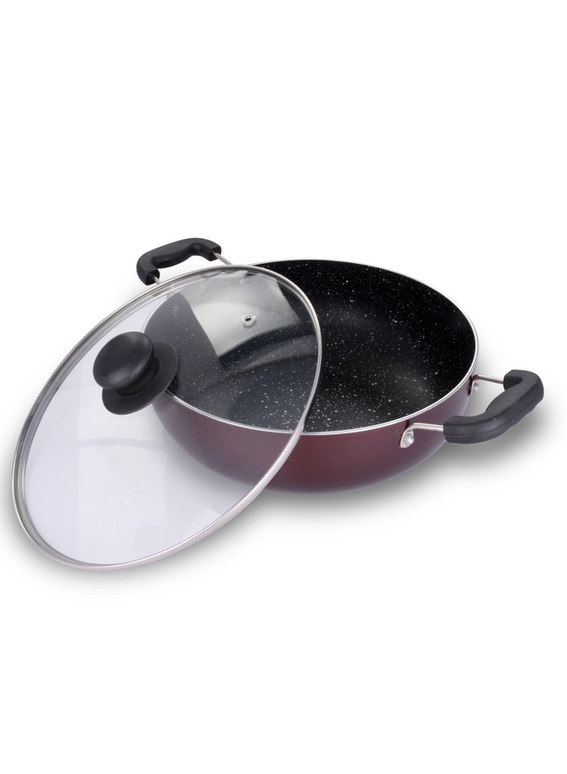 Premium Marble Coated Non Stick Induction Base Kadai with Glass Lid 24 Cm