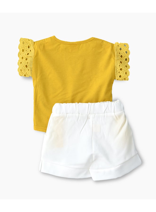 Flared Sleeves T-Shirt And Shorts Set Yellow/White