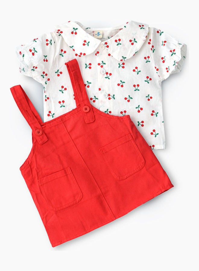 Peter Pan Collared T-Shirt And Dungree Set Red/White