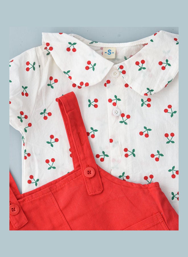 Peter Pan Collared T-Shirt And Dungree Set Red/White