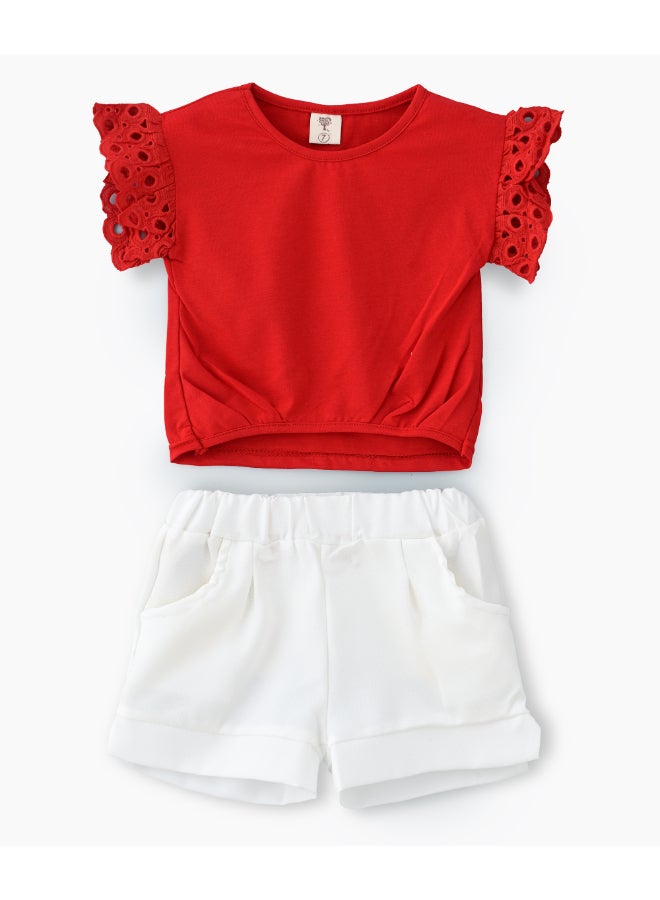 Flared Sleeves T-Shirt And Shorts Set Red/White