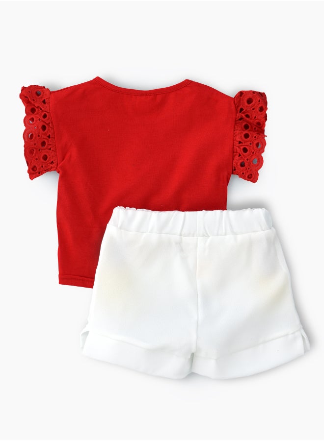 Flared Sleeves T-Shirt And Shorts Set Red/White