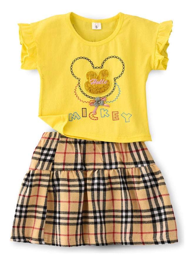 Mickey Theme Top And Checked Printed Skirt Set Multicolour