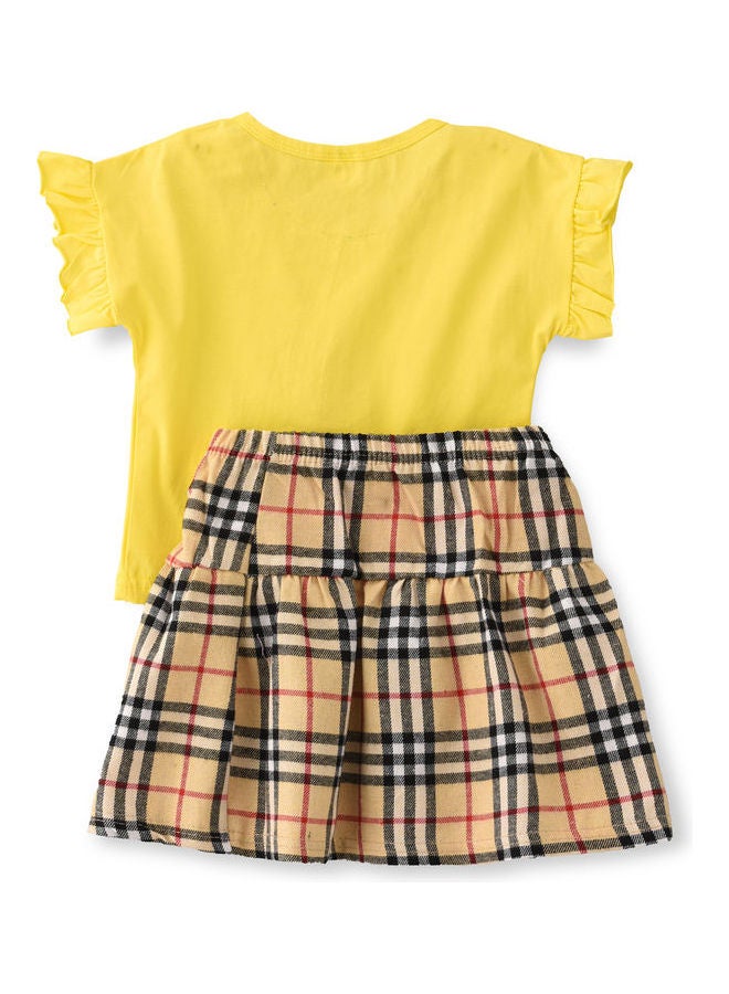 Mickey Theme Top And Checked Printed Skirt Set Multicolour