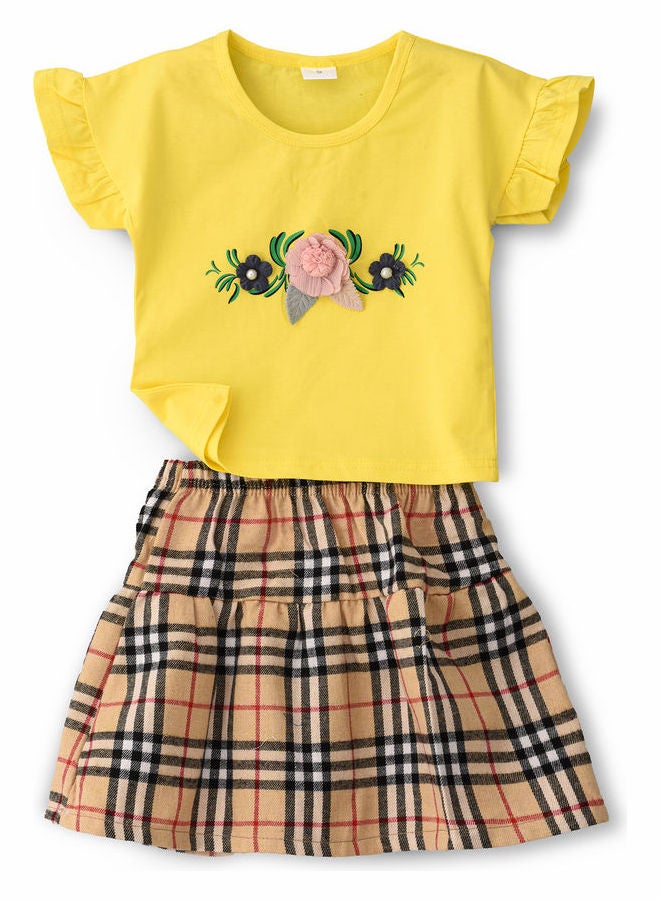 Flower Embroidered Top And Checked Skirt Set Multicolour