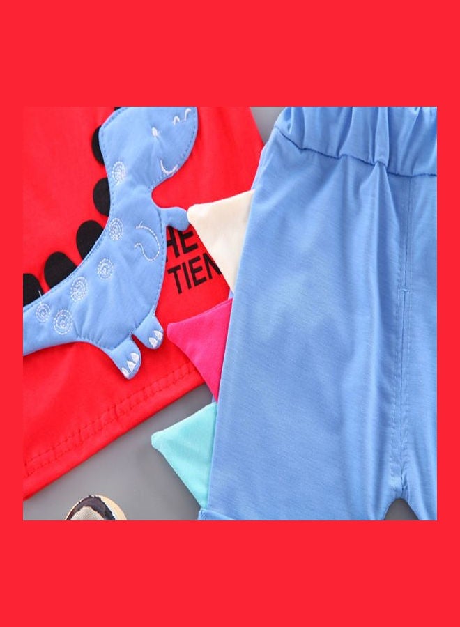 Little Dino Feature T-Shirt And Shorts Set Red/Blue/Black