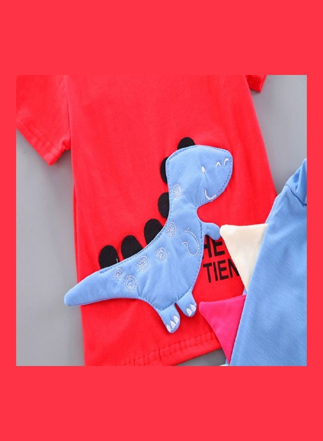 Little Dino Feature T-Shirt And Shorts Set Red/Blue/Black