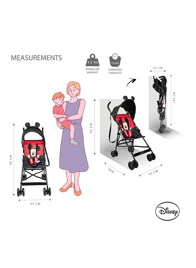 Mickey Mouse 3D Ears Lightweight Buggy Stroller 3 - 36 Months, Pink, Rear Breaks, Shoulder Strap