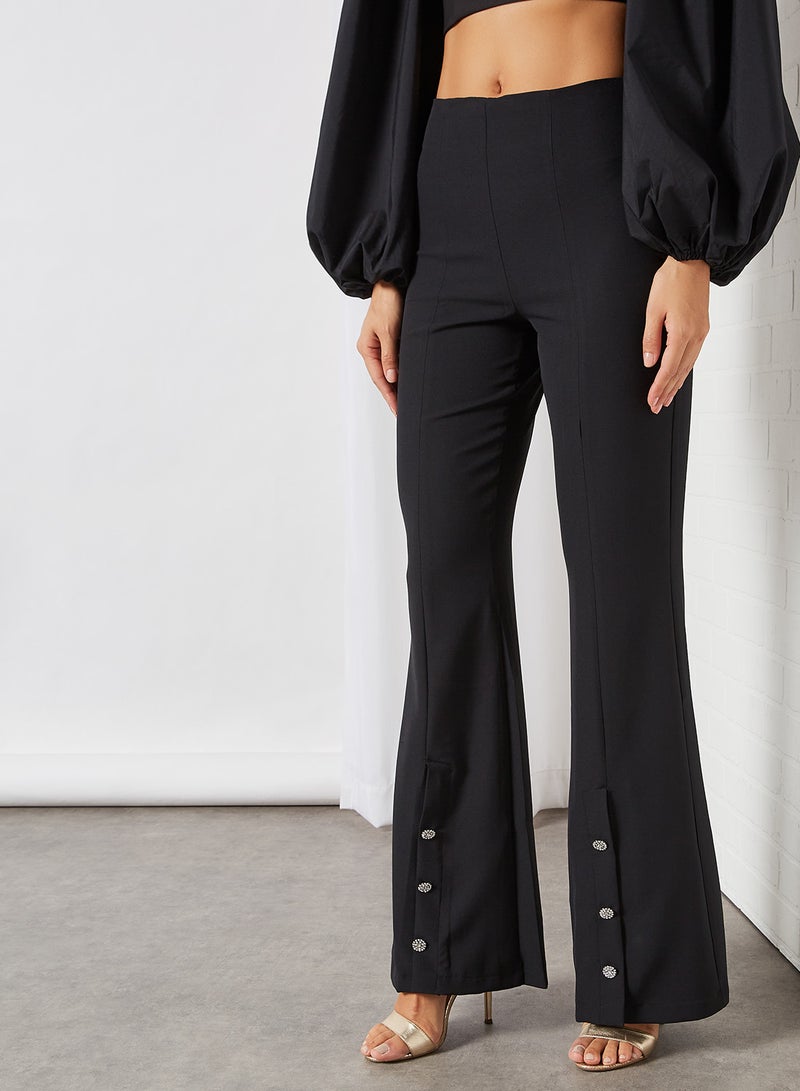 Button Detail Flared Pants Black