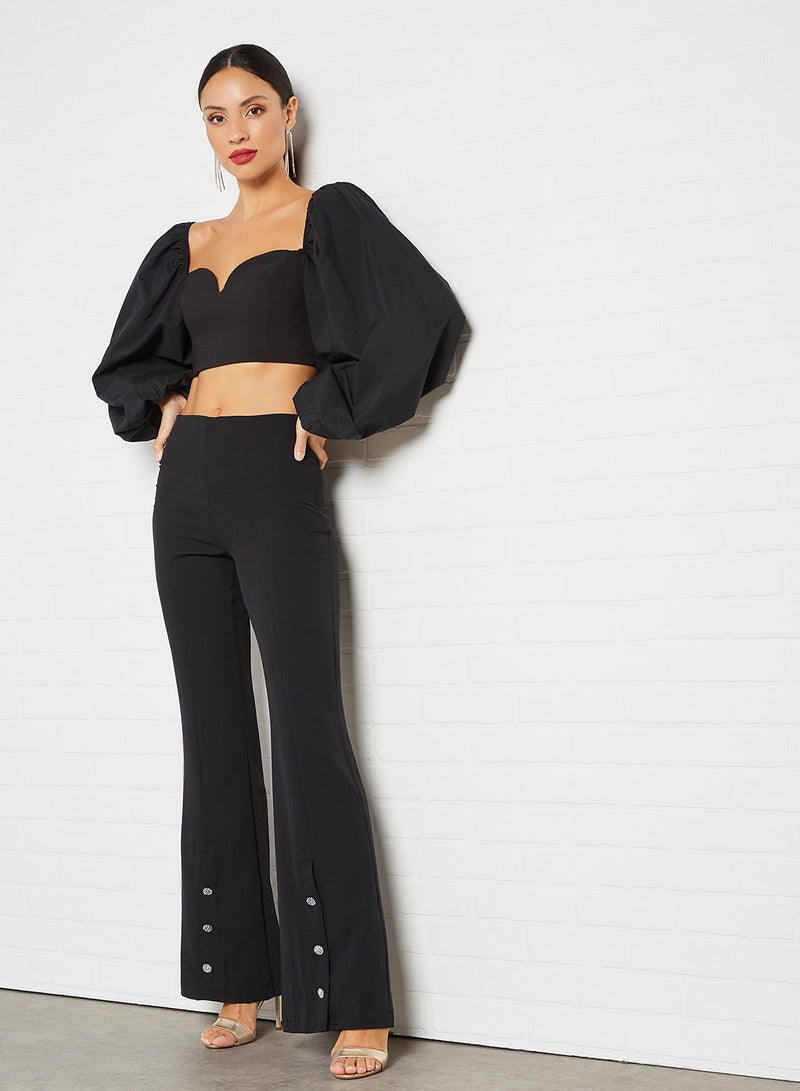 Button Detail Flared Pants Black
