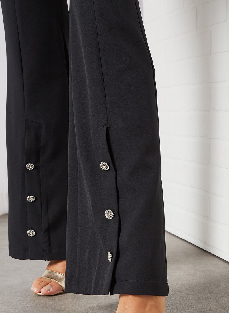 Button Detail Flared Pants Black