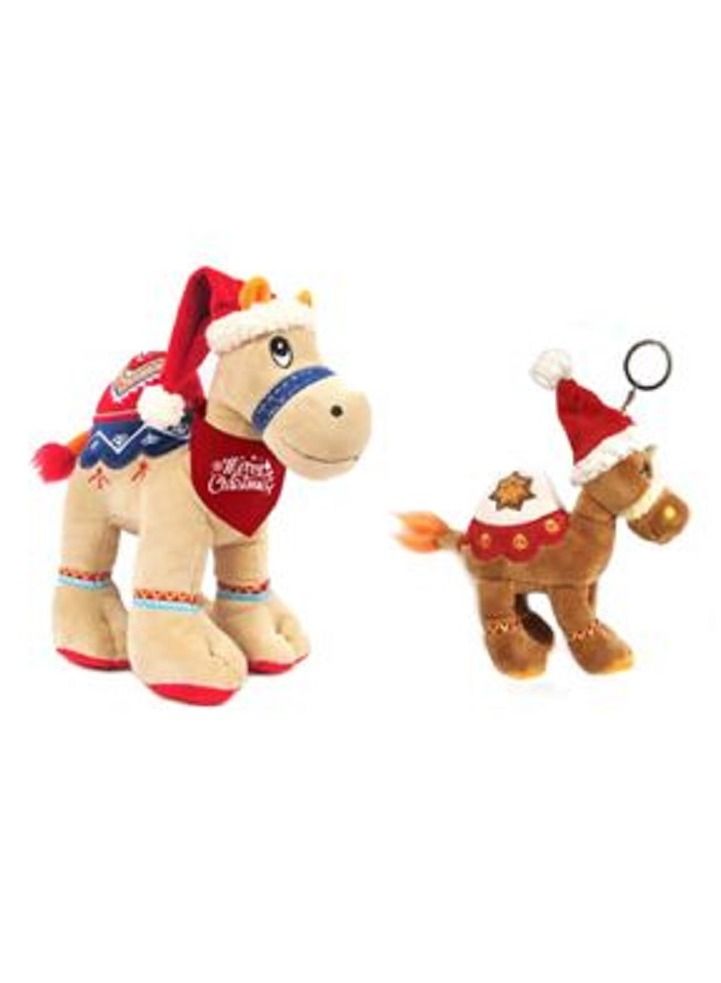 Bundle item Beige camel with Santa hat with print on red bandana, size 18cm, brown key ring with Santa Hat 12cm