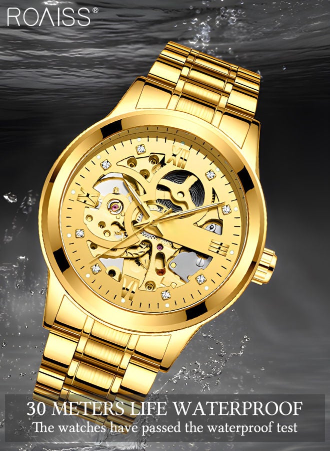 Men's Stainless Steel Strap Mechanical Watch Analog Display Round Gold Dial with Hollow Pattern Decoration Waterproof Luminous Wristwatch as Gift for Men