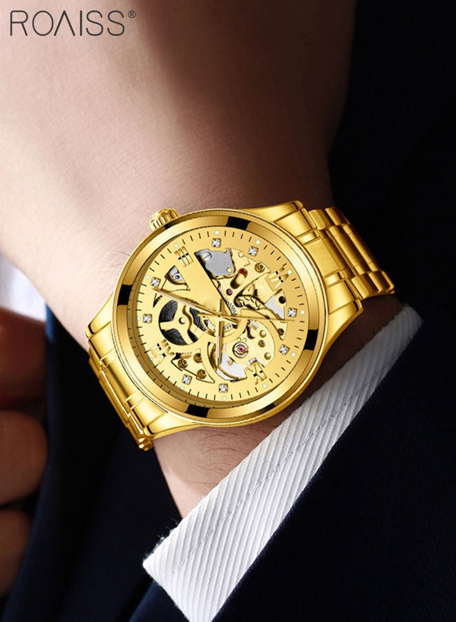 Men's Stainless Steel Strap Mechanical Watch Analog Display Round Gold Dial with Hollow Pattern Decoration Waterproof Luminous Wristwatch as Gift for Men