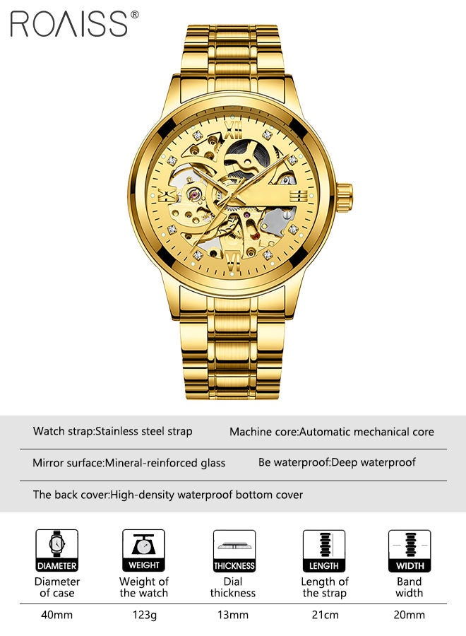 Men's Stainless Steel Strap Mechanical Watch Analog Display Round Gold Dial with Hollow Pattern Decoration Waterproof Luminous Wristwatch as Gift for Men