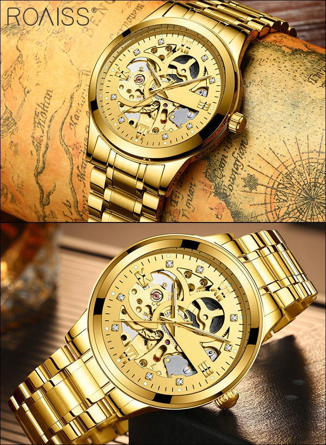 Men's Stainless Steel Strap Mechanical Watch Analog Display Round Gold Dial with Hollow Pattern Decoration Waterproof Luminous Wristwatch as Gift for Men